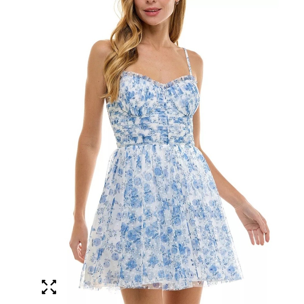 Seni & Cade Blue Floral Mesh Mini Dress Bustier Swiss Dot Size 5/6